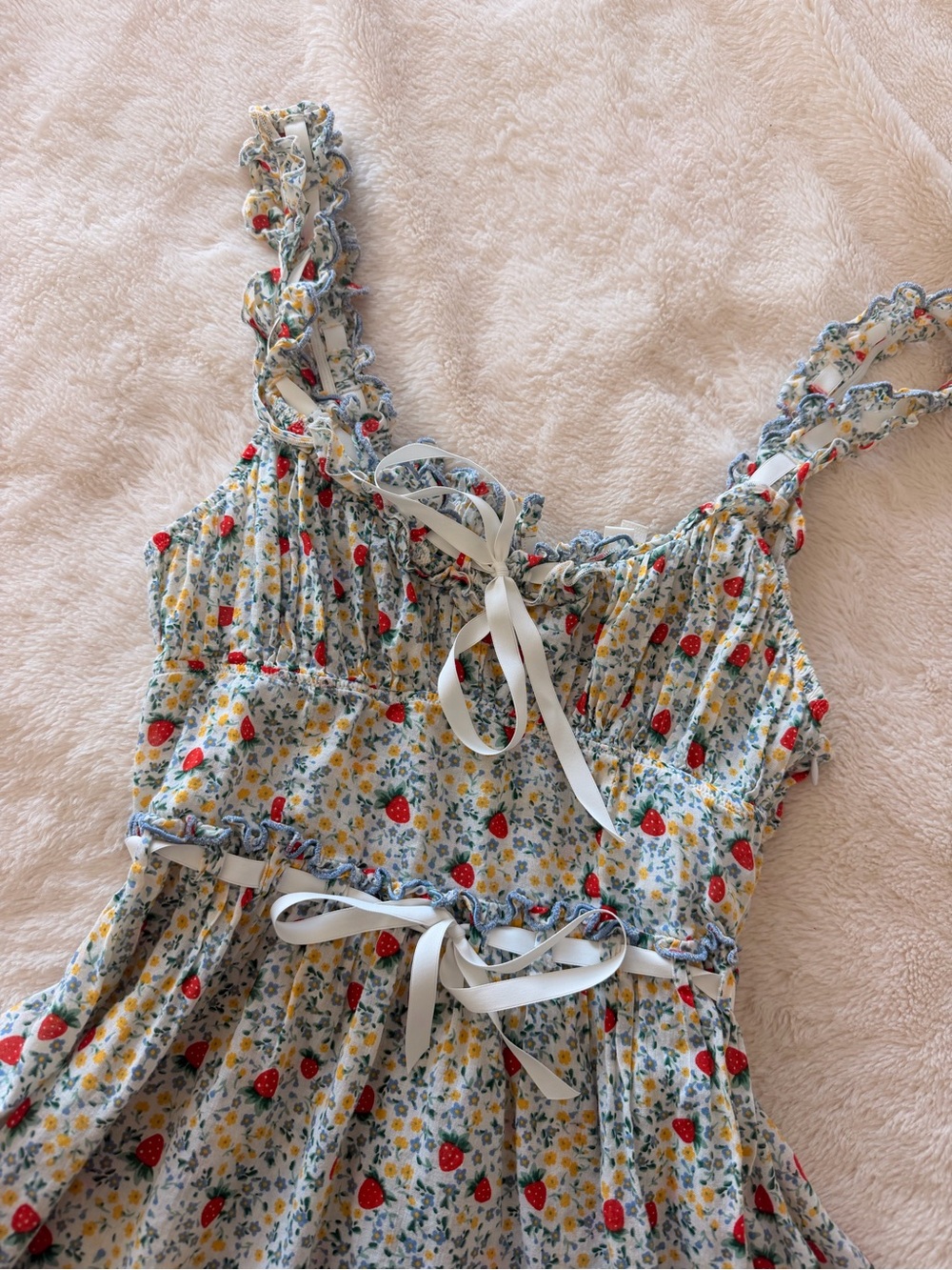 For Love & Lemons Strawberry Floral Mini Dress - Light Blue, Red, Yellow
